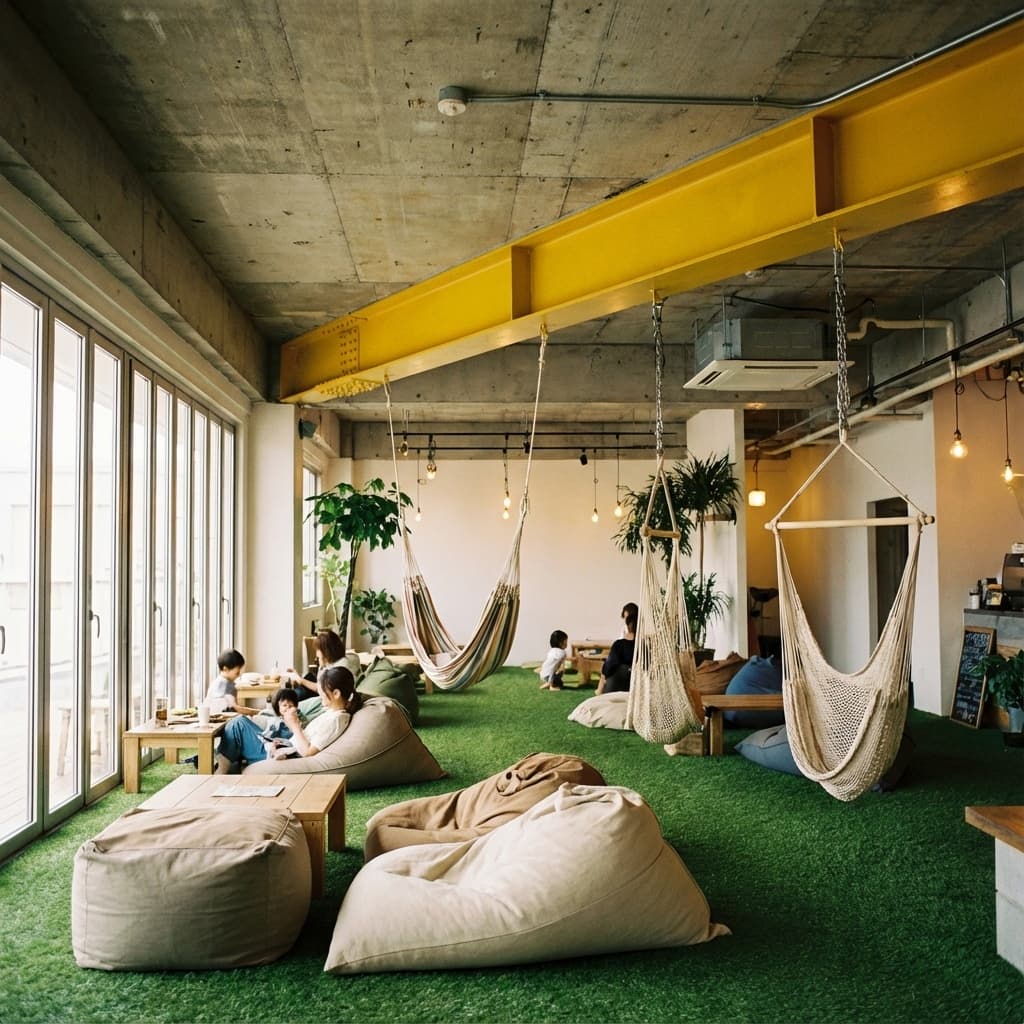 黄色いH鋼と芝生が象徴的な店内